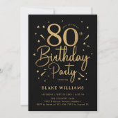 80. Geburtstag Schwarz Gold Einladung (Vorderseite)