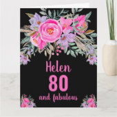 80. Geburtstag schwarz rosa Aquarellblume Karte (Vorderseite)