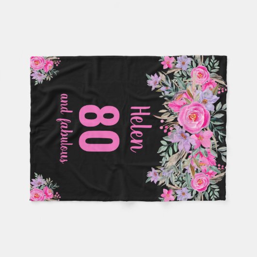 80. Geburtstag schwarz rosa Blumenvlies Decke (Vorderseite (Horizontal))