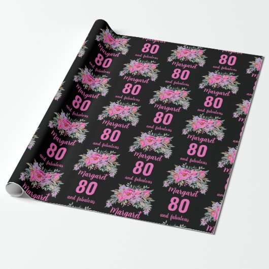 80. Geburtstag schwarz rosa Blüte Geschenkpapier (Ungerollt)