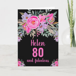 80. Geburtstag Schwarz Rosa Wasserfarbe Florale Ka Karte