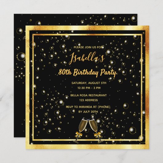 80. Geburtstag schwarze Goldblasen Einladung (Vorne/Hinten)