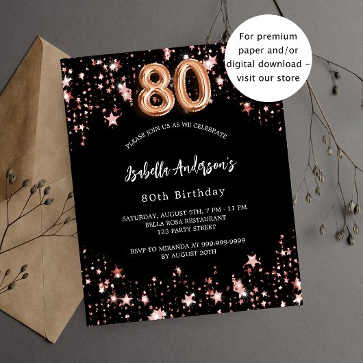 80. Geburtstag Schwarze Rose Gold Einladung
