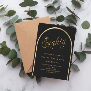 80. Geburtstag schwarzen goldenen Bogen elegante D Einladung