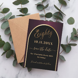 80. Geburtstag schwarzer bordeauxroter Goldbogen Save The Date