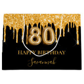 80. Geburtstag Schwarzer Glitzer Tropfen Name Große Geschenktüte (Vorderseite)