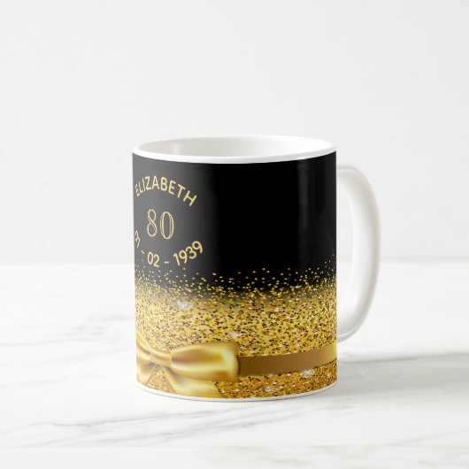 80. Geburtstag schwarzer Goldbogen-Name Kaffeetasse (VorderseiteRechts)
