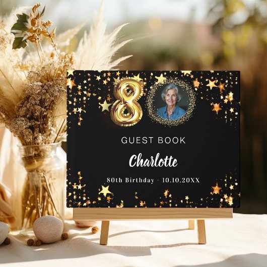 80. Geburtstag Schwarzes Gold-Sterne-Foto Gästebuch