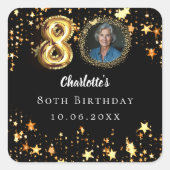 80. Geburtstag Schwarzes Gold Sterne Foto Quadratischer Aufkleber (Vorderseite)