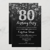 80. Geburtstag - Schwarzes Silber Einladung (Vorne/Hinten)