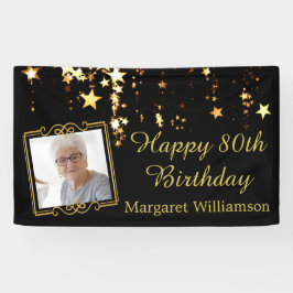80. Geburtstag Script Black Gold Stars Foto Name Banner