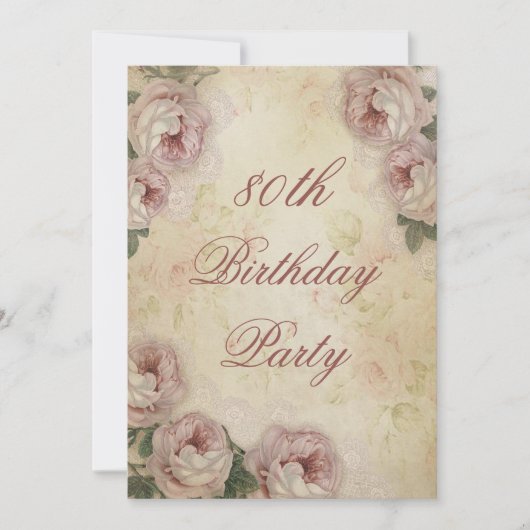 80. Geburtstag Shabby Chic Rose und Spitzen Einladung (Vorderseite)