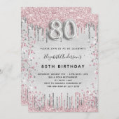 80. Geburtstag silber pink Metall Glitzer Staub Einladung (Vorne/Hinten)