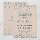 80. Geburtstag Silber Rett Datum Confetti Beige Einladung (Vorne/Hinten)