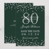 80. Geburtstag Silber Rett Datum Confetti Grün Einladung (Vorne/Hinten)