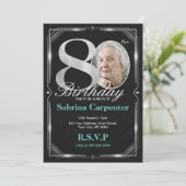 80. Geburtstag Silber und Schwarz Einladung (Stehend Vorderseite)
