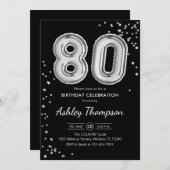 80. Geburtstag - Silberballons schwarz Einladung (Vorne/Hinten)