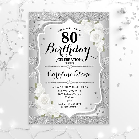 80. Geburtstag - Silberstreifen Weiße Rosen Einladung