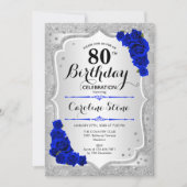 80. Geburtstag - Silver Stripes Royal Blue Rose Einladung (Vorderseite)