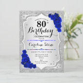 80. Geburtstag - Silver Stripes Royal Blue Rose Einladung (Stehend Vorderseite)