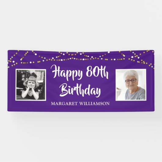 80. Geburtstag String Lights Foto Name Lila Banner (Horizontal)