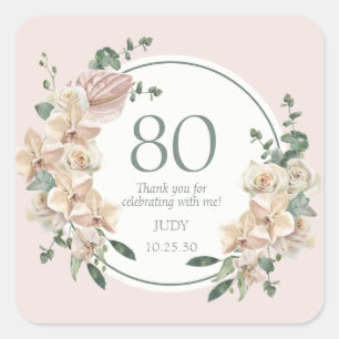 80. Geburtstag Tropische Blumen Dankeschön Quadratischer Aufkleber