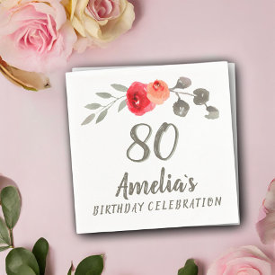 80. Geburtstag Wasserfarben Rose Blumenkohl Party Serviette