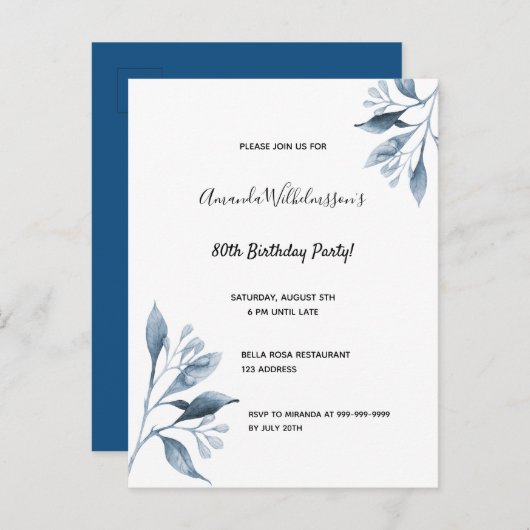 80. Geburtstag weißblaue botanische Einladung Postkarte (Vorne/Hinten)