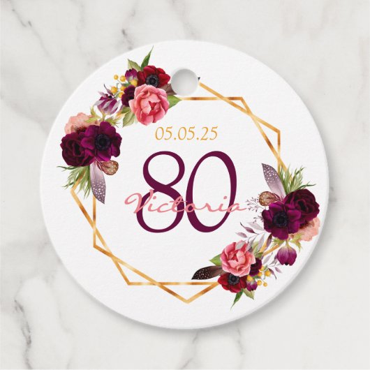 80. Geburtstag weißes Blumengold geo burgundy Name Geschenkanhänger (Vorderseite)