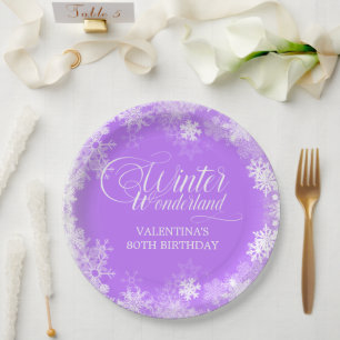 80. Geburtstag Winterwonderland Schneeflocke Lila Pappteller