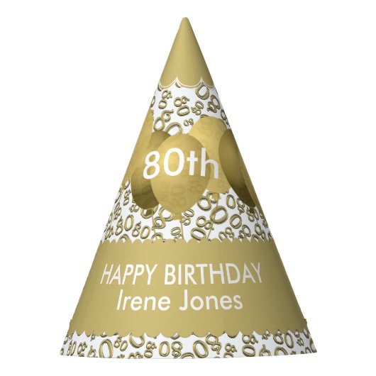 80. Geburtstag Zahlenmuster Gold/Weiße Scallops Partyhütchen (Vorderseite)