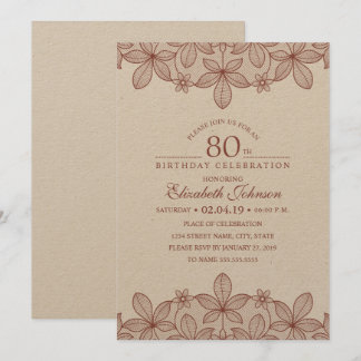 80. Geburtstags-Party-rustikales Spitze-Braunes Einladung