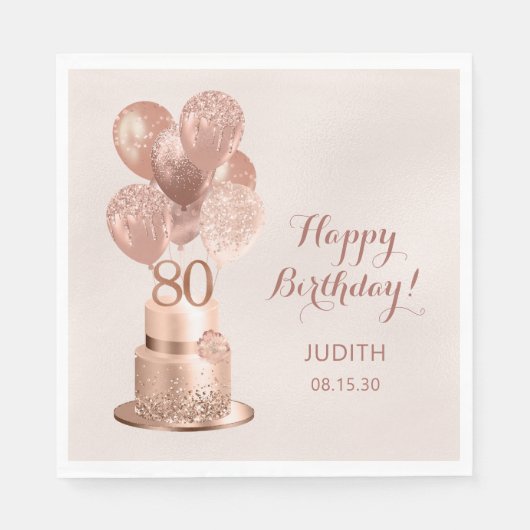 80. Geburtstags-Rose Gold Cake Serviette (Vorderseite)
