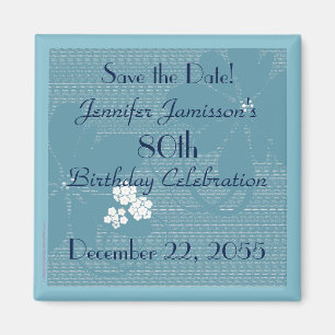 80. Geburtstags-Save the Date blauer Blumenmagnet Magnet