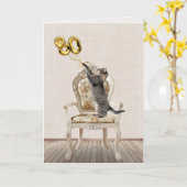 80. Geburtstagsballons und Tabby Cat Karte (Gelbe Blume)