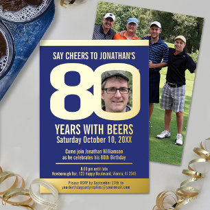 80. Geburtstagsfeier blau goldene Folie Foto Bier Folieneinladung