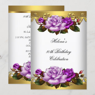 80. Geburtstagsfeier Elegante Lila Goldene Rosen Einladung