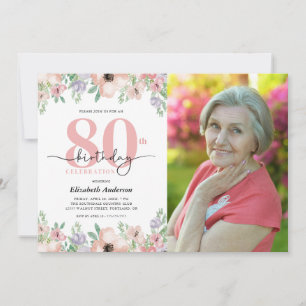80. Geburtstagsfeier Elegante Pastell-Blumen-Foto Einladung