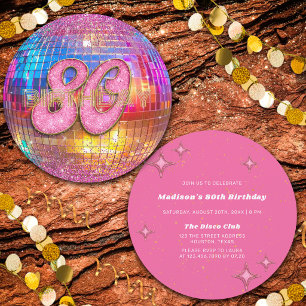 80. Geburtstagsfeier Gold Pink Glitter Disco Kugel Einladung
