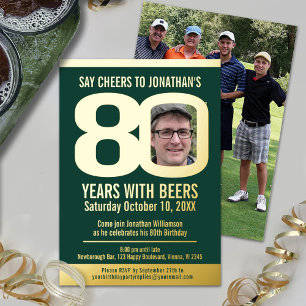 80. Geburtstagsfeier grüne goldene Folie Foto Bier Folieneinladung