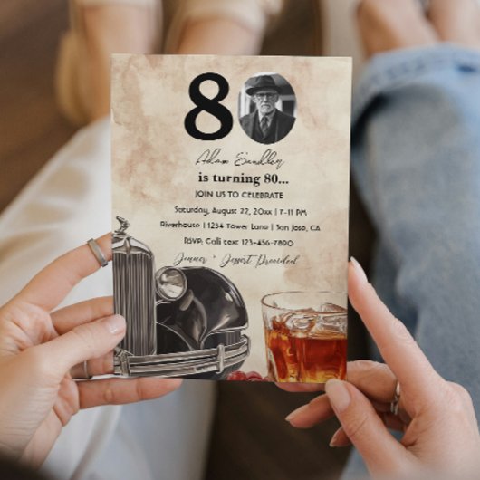 80. Geburtstagsfeier | Oldtimer-Auto & Whiskey Einladung