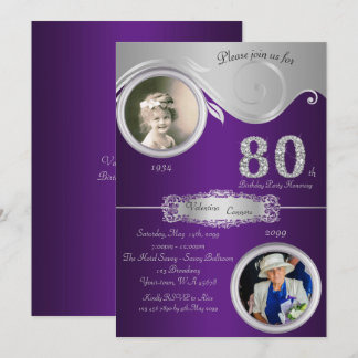 80..Geburtstagsfrau 80., eleganter Deko, lila Einladung