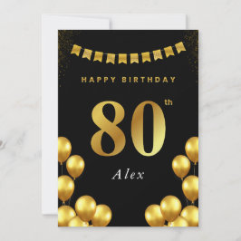 80. Geburtstagskarte Schwarze und goldene Ballons Karte