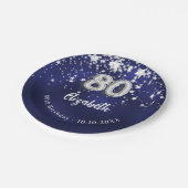 80. Geburtstagsnacht blaue Silberstars Pappteller (Schrägansicht)
