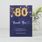 80. Geburtstagsnavy blaue goldene Sterne Dankeskarte (Stehend Vorderseite)