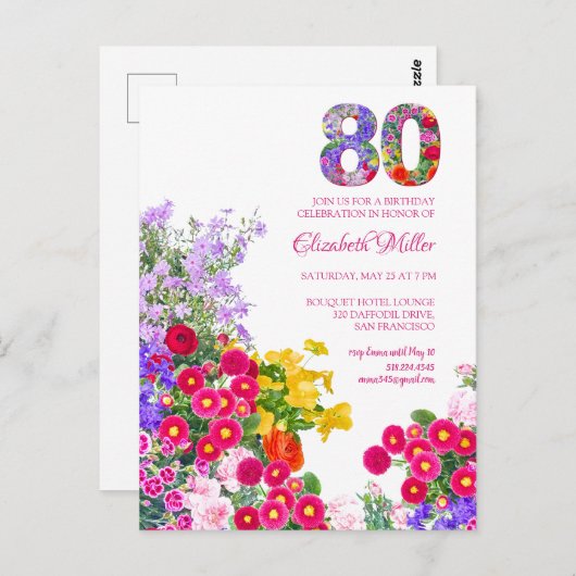 80. Geburtstagsparty Blumenladen Moderne Einladung Postkarte (Vorne/Hinten)