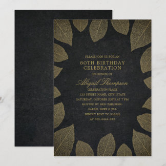 80. Geburtstagsparty Elegante Black Gold Blätter Einladung