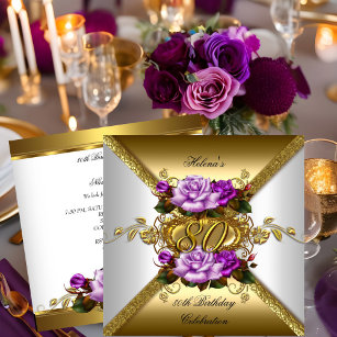 80. Geburtstagsparty Elegante Lila Gold-Rose 3 Einladung