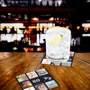 80. Geburtstagsparty Foto Collage schwarz Rechteckiger Pappuntersetzer