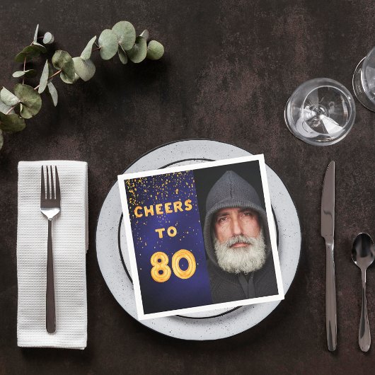 80. Geburtstagsparty Foto Goldballons blau Serviette